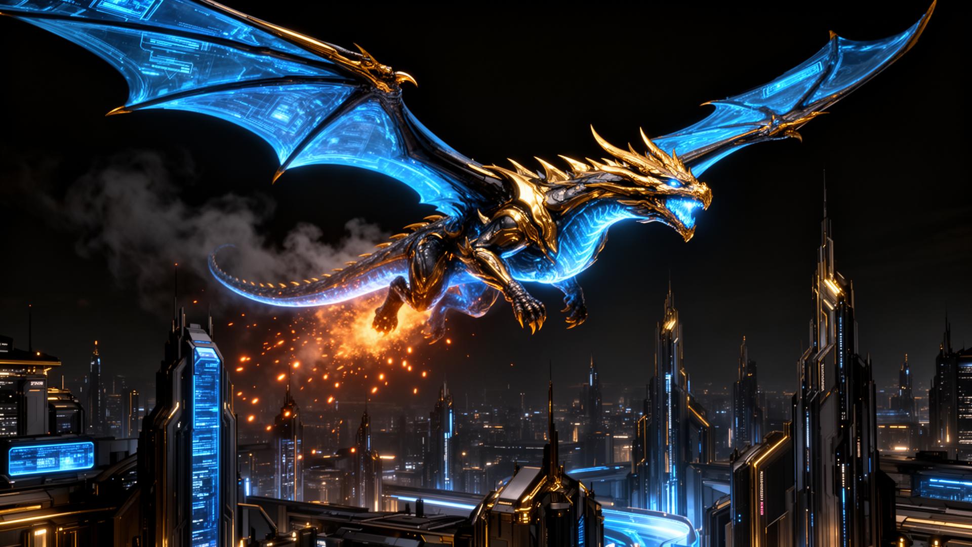 Dragon flying over a futuristic kingdom